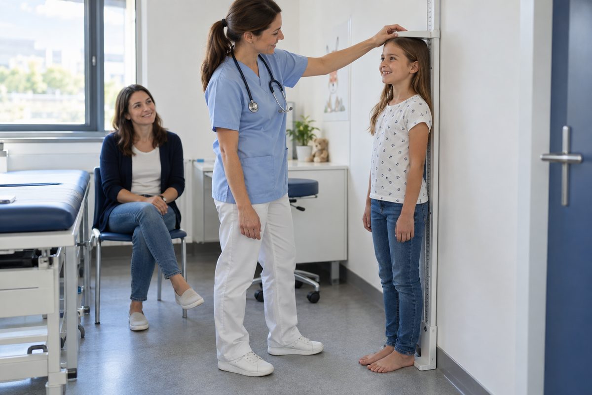 Een kinderarts meet de lengte van een meisje met een meetlat aan de muur, terwijl haar moeder toekijkt